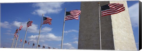 Framed American flags in front of an obelisk, Washington Monument, Washington DC, USA Print