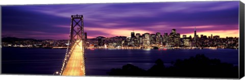 Framed Bridge lit up at dusk, Bay Bridge, San Francisco Bay, San Francisco, California Print
