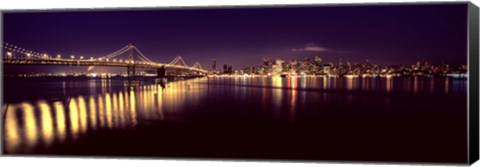 Framed Bridge lit up at night, Bay Bridge, San Francisco Bay, San Francisco, California Print