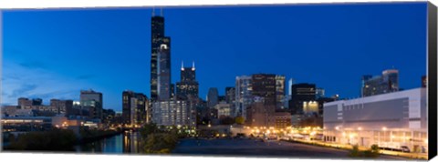 Framed Buildings in a city lit up at dusk, Chicago, Illinois, USA Print