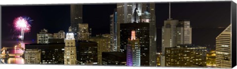 Framed Skyscrapers and firework display in a city at night, Lake Michigan, Chicago, Illinois, USA Print