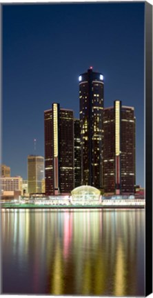 Framed Skyscrapers lit up at dusk, Renaissance Center, Detroit River, Detroit, Michigan, USA Print