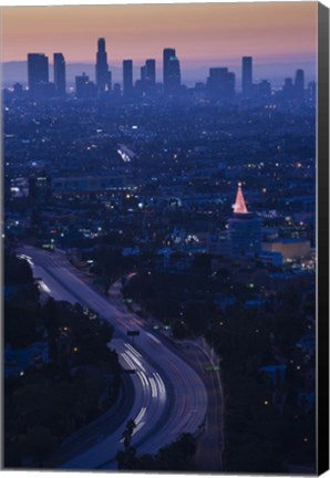 Framed High angle view of highway 101 at dawn, Hollywood Freeway, Hollywood, Los Angeles, California, USA Print