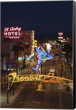 Framed Neon casino signs lit up at dusk, El Cortez, Fremont Street, The Strip, Las Vegas, Nevada, USA Print