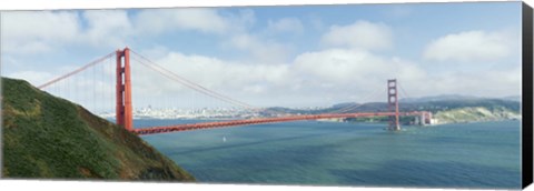 Framed Suspension bridge with a city in the background, Golden Gate Bridge, San Francisco Bay, San Francisco, California, USA Print