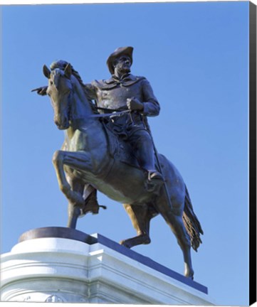 Framed Statue of Sam Houston pointing towards San Jacinto battlefield against blue sky, Hermann Park, Houston, Texas, USA Print