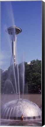 Framed Fountain with a tower in the background, Space Needle, Seattle, King County, Washington State, USA Print