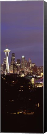 Framed Skyscrapers in a city lit up at night, Space Needle, Seattle, King County, Washington State, USA Print