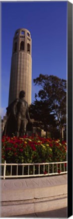 Framed Statue of Christopher Columbus in front of a tower, Coit Tower, Telegraph Hill, San Francisco, California, USA Print