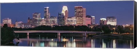 Framed Buildings lit up at night in a city, Minneapolis, Mississippi River, Hennepin County, Minnesota, USA Print