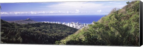 Framed Mountains with city at coast in the background, Honolulu, Oahu, Honolulu County, Hawaii, USA Print