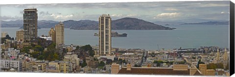 Framed Buildings in a city with Alcatraz Island in San Francisco Bay, San Francisco, California, USA Print