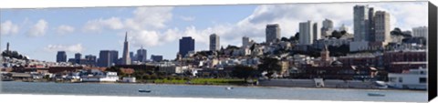 Framed Buildings at the waterfront, Transamerica Pyramid, Ghirardelli Building, Coit Tower, San Francisco, California, USA Print