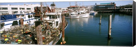 Framed Fishing boats at a dock, Fisherman&#39;s Wharf, San Francisco, California, USA Print