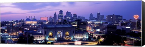 Framed Union Station at sunset with city skyline in background, Kansas City, Missouri Print