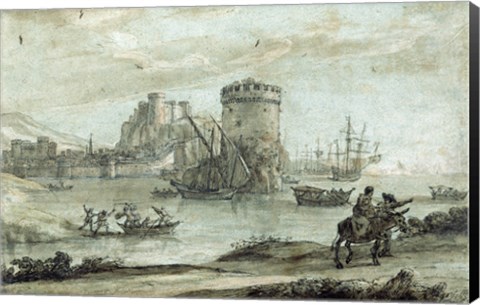 Framed Figures in a Landscape before a Harbor Print