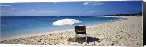 Framed Single Beach Chair And Umbrella On Sand, Saint Martin, French West Indies Print