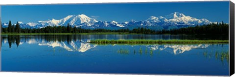 Framed Reflection Of Mountains In Lake, Mt Foraker And Mt Mckinley, Denali National Park, Alaska, USA Print