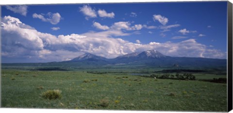 Framed Meadow with mountains in the background, Cuchara River Valley, Huerfano County, Colorado, USA Print