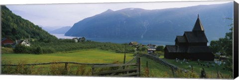 Framed Church in a village, Urnes stave church, Lustrafjorden, Luster, Sogn Og Fjordane, Norway Print