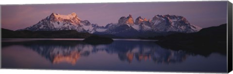 Framed Reflection of mountains in a lake, Lake Pehoe, Cuernos Del Paine, Patagonia, Chile Print