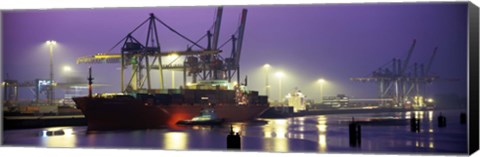 Framed Port, Night, Illuminated, Hamburg, Germany Print