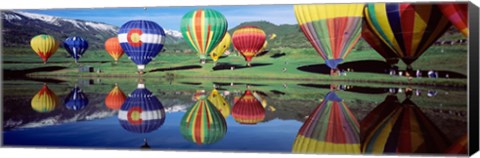 Framed Reflection Of Hot Air Balloons On Water, Colorado, USA Print