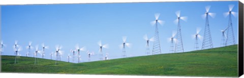 Framed Wind turbines spinning on hills, Altamont Pass, Livermore, California, USA Print