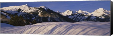 Framed Mountains covered with snow, Snowmass Mountain on left, Capitol Peak on right, Elk Mountains, Snowmass Village, Colorado, USA Print