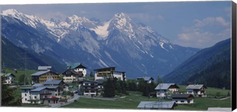 Framed High angle view of a village on a landscape and a mountain range in the background, St. Anton, Austria Print