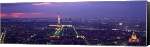 Framed Aerial view of a city at twilight, Eiffel Tower, Paris, Ile-de-France, France Print