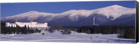 Framed Hotel near snow covered mountains, Mt. Washington Hotel Resort, Mount Washington, Bretton Woods, New Hampshire, USA Print