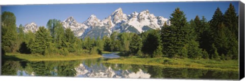 Framed Reflection of a snowcapped mountain in water, Near Schwabachers Landing, Grand Teton National Park, Wyoming, USA Print