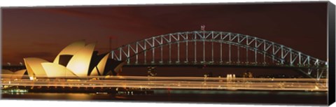 Framed Opera house lit up at night with light streaks, Sydney Harbor Bridge, Sydney Opera House, Sydney, New South Wales, Australia Print