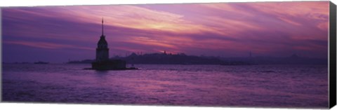 Framed Lighthouse in the sea with mosque in the background, St. Sophia, Leander&#39;s Tower, Blue Mosque, Istanbul, Turkey Print