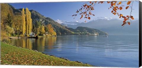 Framed Switzerland, Canton Lucerne, Lake Vierwaldstattersee Vitznau, Panoramic view of mountains around a lake Print