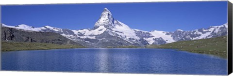 Framed Panoramic View Of A Snow Covered Mountain By A Lake, Matterhorn, Zermatt, Switzerland Print