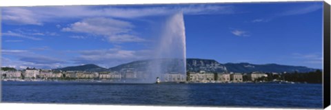 Framed Fountain in front of buildings, Jet D&#39;eau, Geneva, Switzerland Print