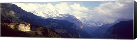 Framed Hotel with mountain range in the background, Swiss Alps, Switzerland Print