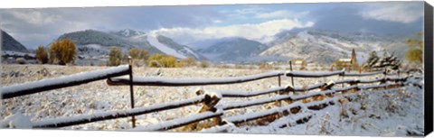 Framed Wooden fence covered with snow at the countryside, Colorado, USA Print