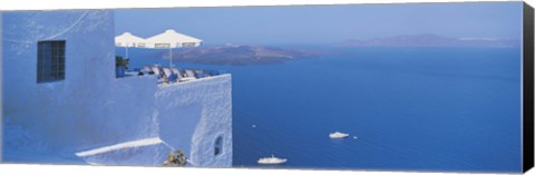 Framed Building On Water, Boats, Fira, Santorini Island, Greece Print