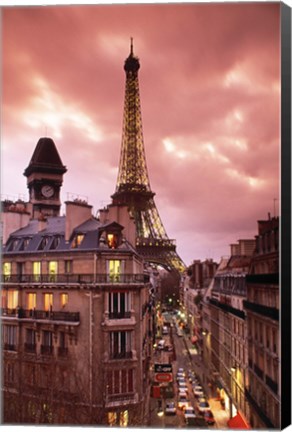 Framed Paris Street Scene with Eiffel Tower and Red Sky Print