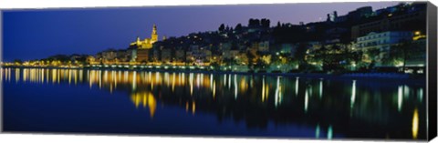 Framed Reflection of buildings in water, Menton, Alpes-Maritimes, Provence-Alpes-Cote d&#39;Azur, France Print