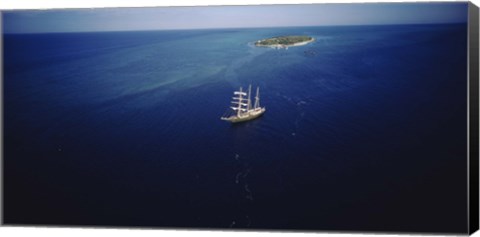 Framed High angle view of a sailboat in the ocean, Heron Island, Great Barrier Reef, Queensland, Australia Print