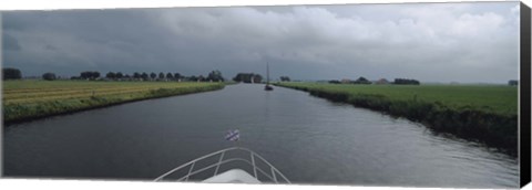 Framed Motorboat in a canal, Friesland, Netherlands Print
