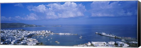 Framed High angle view of buildings at a coast, Mykonos, Cyclades Islands, Greece Print