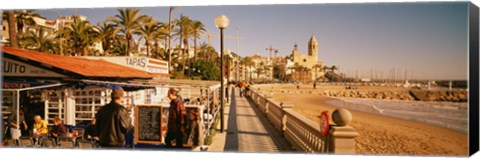 Framed Tourists in a cafe, Tapas Cafe, Sitges Beach, Catalonia, Spain Print