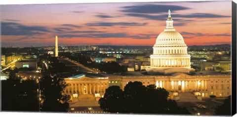 Framed High angle view of a city lit up at dusk, Washington DC, USA Print