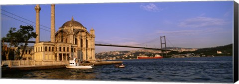 Framed Mosque at the waterfront near a bridge, Ortakoy Mosque, Bosphorus Bridge, Istanbul, Turkey Print