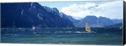 Framed Windsurfing on a lake, Lake Garda, Italy Print